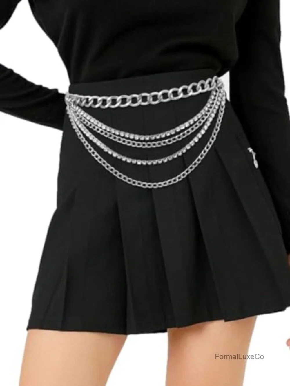 Metal Layered Chain Belt with Rhinestones Adjustable Waist